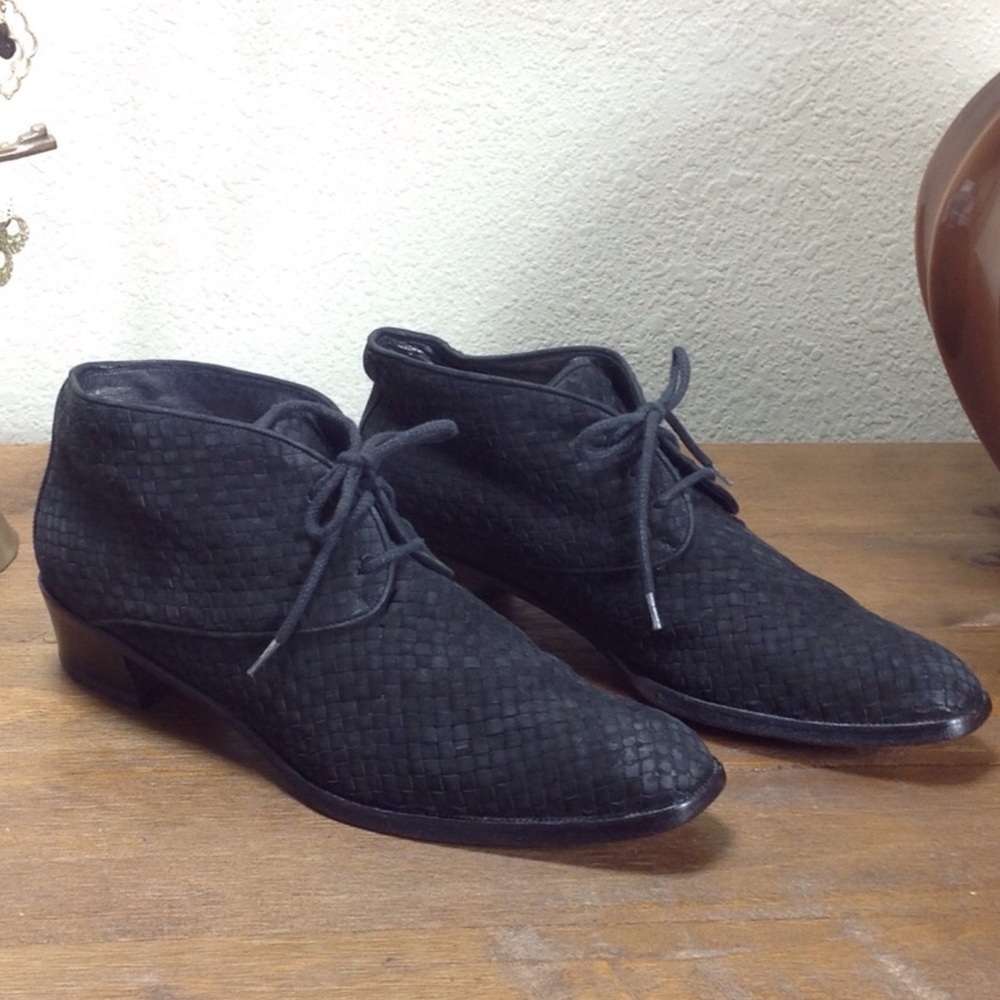 Via Spiga Vintage Woven Black Suede Lace-Up Bootie - Picture 1 of 6